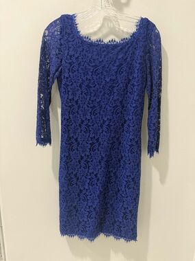 DVF Zarita Blue Lace 3/4 Sleeve Zip Back Dress